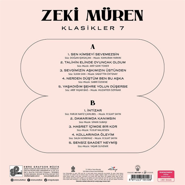 Zeki Müren Plak | Klasikler 7( Türk Sanat | Sanat Müziği | Müzigi Plak)Türk Sanat Plak | kayıt | LP