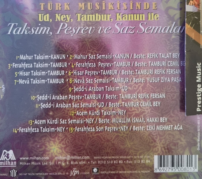 TÜRK MUSİKİSİNDE TAKSİM, PEŞREV VE SAZ SEMALARI CD - UD | NEY | TAMBUR | KANUN İLE - CD